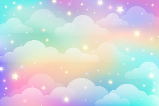 Rainbow unicorn background with clouds and stars. Pastel color sky. Magical landscape, abstract fabulous pattern. Cute candy wallpaper. Vector.