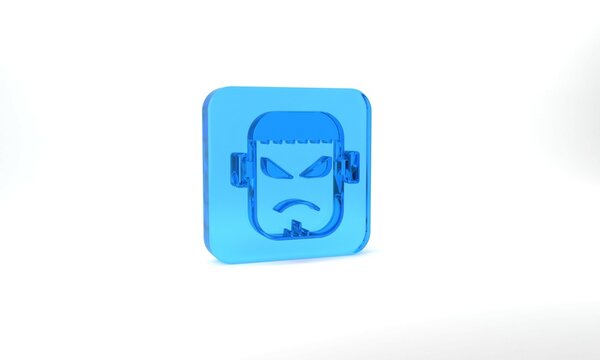 Blue Scary monster - Frankenstein face icon isolated on grey background. Happy Halloween party. Glass square button. 3d illustration 3D render