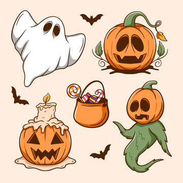 Set of hand drawn cute halloween elements vector illustration