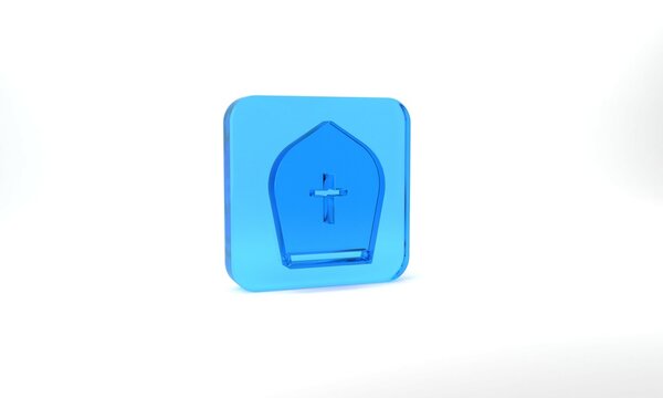 Blue Pope hat icon isolated on grey background. Christian hat sign. Glass square button. 3d illustration 3D render