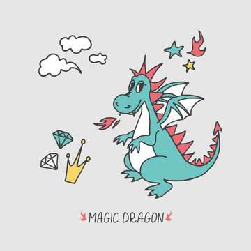 Vector card with cute cartoon dragon. Magic dragon poster, greeting card. 
