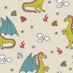 Seamless vector pattern of cute cartoon dragons,cloud of smoke,stars and diamonds, texture for fabric print, souvenirs, baby's products design. Baby background.