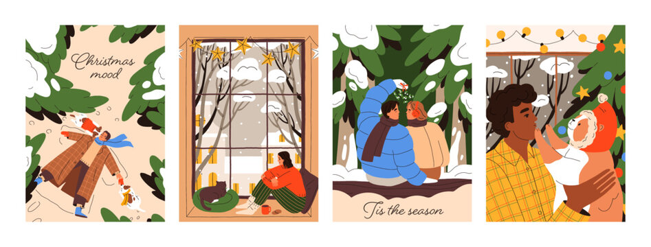 Cute Christmas greeting card designs set. Happy Xmas postcard backgrounds with people, couple on cozy winter holiday evening, magic noel and New Year vacation. Flat graphic vector illustrations