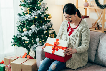 Obraz na płótnie Canvas portrait asian lady getting a nice surprise on Christmas morning. woman looking into gift box is screaming happily, feeling overjoyed. real moments