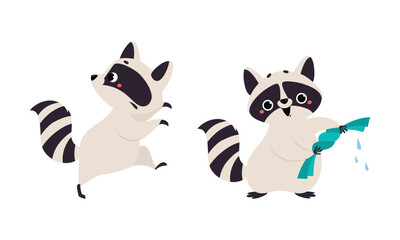 Funny raccoon in different activities set. Cute wild animal character washing clothes and running away cartoon vector illustration