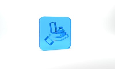 Blue Diamond engagement ring in a box icon isolated on grey background. Glass square button. 3d illustration 3D render