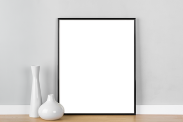 Elegant vertical black picture frame mockup, transparent template with white vases in front of  light grey wall.