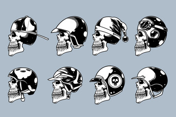 skull head with various helm on illustration set monochrome style