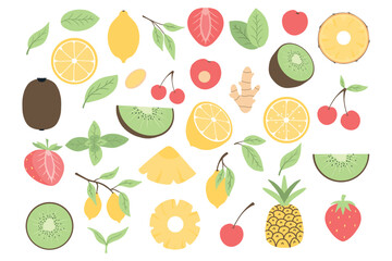 Set of fruits and berries. Lemon. pineapple, kiwi. cherry strawberry in doodle style. Whole fruits. Fruit pieces.Vector illustration.