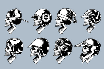 skull head with various helm on and open mouth illustration set monochrome style