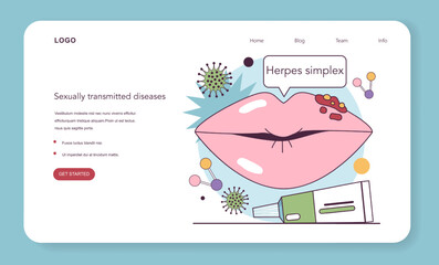 Herpes simplex virus web banner or landing page. Herpes on the human lips