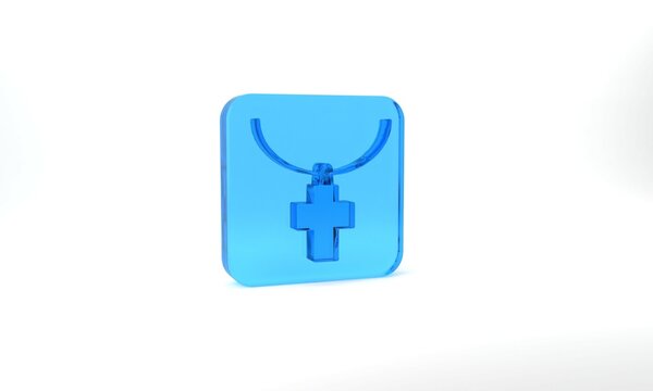 Blue Christian cross on chain icon isolated on grey background. Church cross. Glass square button. 3d illustration 3D render