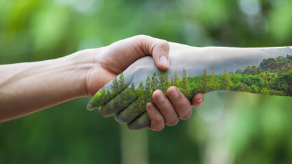 Ecology and environmental concept. handshake of natural forests and humans 