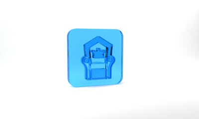 Blue Medieval throne icon isolated on grey background. Glass square button. 3d illustration 3D render