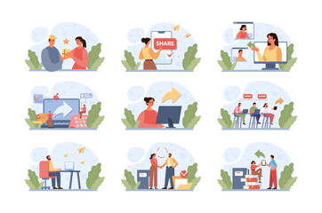Fototapeta premium Sharing concept set. Character using devices to share posts in social
