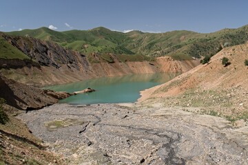 View of Hisorak Suv Ombori Water Reservoir. Regions Kashkadarya, Zarafshan Range south of Samarkand. Uzbekistan.