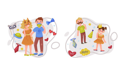 Happy people with funny carnival masks set. Parents and kids celebrating holiday or having fun at carnival photo booth party cartoon vector illustration