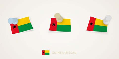 Pinned flag of Guinea-Bissau in different shapes with twisted corners. Vector pushpins top view.