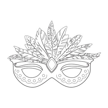 recommend clip art: Carnival mask with feathers outline vector illustration. Festival decoration and costume element. Masquerade symbol. Coloring page template.
