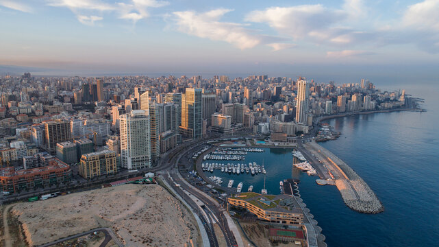 Aerial drone shot of Beirut skyline at sunrise