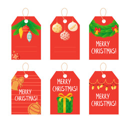 Red Christmas gift tags set with decorative elements