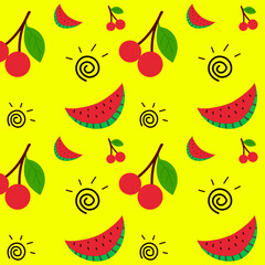 Water melon slices and Cherry on yellow background. vector seamless pattern. Creative with cartoon style  hand drawn, flat design vector illustration