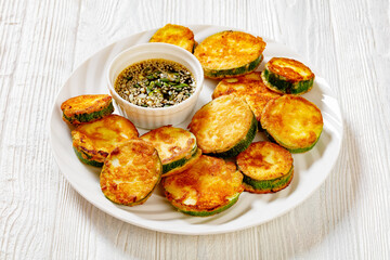 Hobak Jeon, pan fried zucchini with dipping sauce