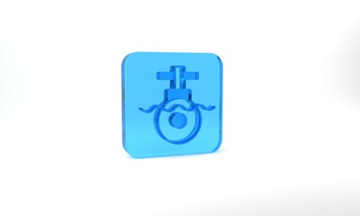 Blue Submarine icon isolated on grey background. Military ship. Glass square button. 3d illustration 3D render