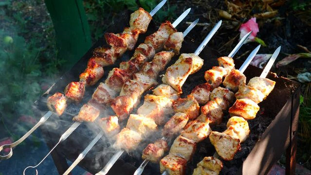 close-up meat impaled on a skewers is grilled on the coals of a brazier on a summer day.Cooking barbecue meat in the open air, smoke over fried pieces of pork. selective focus