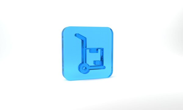 Blue Hand truck and boxes icon isolated on grey background. Dolly symbol. Glass square button. 3d illustration 3D render