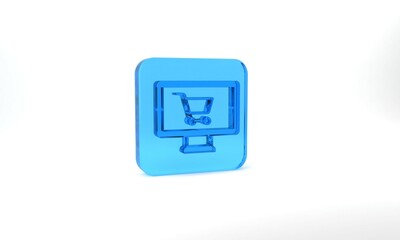 Blue Shopping cart on monitor icon isolated on grey background. Concept e-commerce, e-business, online business marketing. Glass square button. 3d illustration 3D render