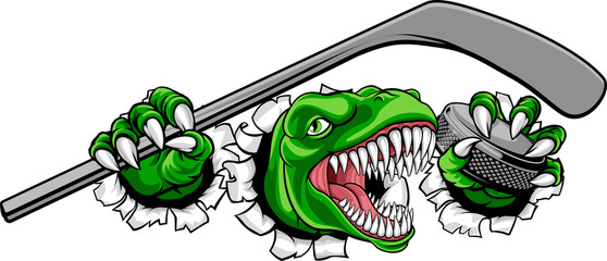 A dinosaur, ice hockey player animal sports mascot holding a hockey stick and puck