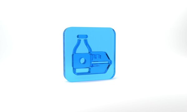 Blue Online ordering and fast food delivery icon isolated on grey background. Glass square button. 3d illustration 3D render