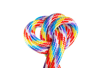 Rainbow colored threaded cords tied together