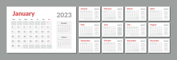 2023 Calendar Planner Template. Vector layout of a wall or desk simple calendar with week start monday. Calendar grid in grey color for print