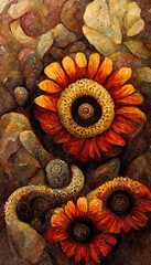 Gerbera daisies, Sunflowers and Marigold - imaginative surreal fusion digital painting series in comforting autumn burnt orange, sunny yellow, deep red and warm earthy jasper stone brown colors.