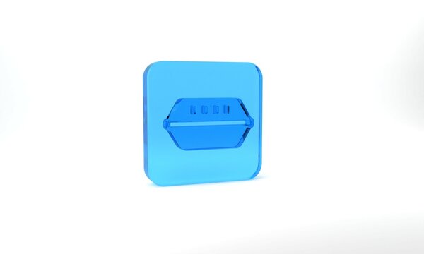 Blue Lunch box icon isolated on grey background. Glass square button. 3d illustration 3D render