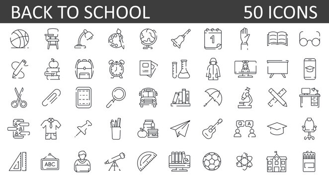 Education and back to school - 36 outline icons set. education, university, learning, studying, Equipment and tools