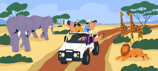 Safari tour in Africa. Tourists in jeep car taking photos of wild animals in savannah. People with cameras riding vehicle, wildlife adventure trip. Journey to African savanna. Flat vector illustration - obrazy, fototapety, plakaty