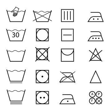 A set of icons for washing instructions. Images of iron, water temperature, etc.