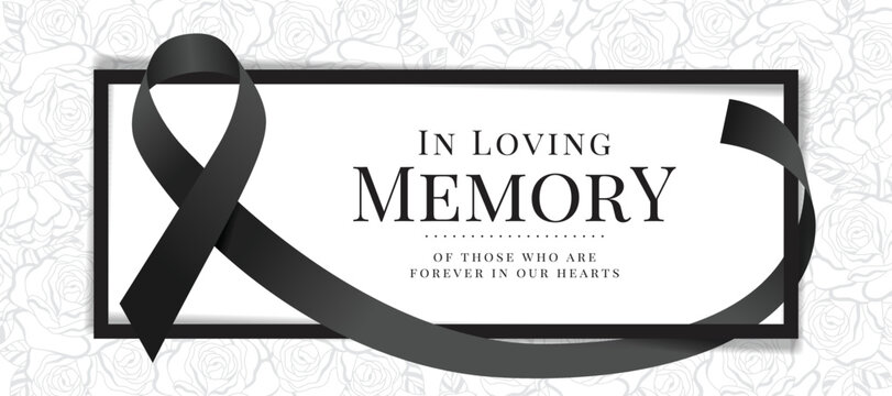 In loving memory of those who are forever in our hearts text in black frame and black ribbon rolling around on rose texture background vector Design