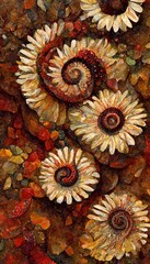 Gerbera daisies, Sunflowers and Marigold - imaginative surreal fusion digital painting series in comforting autumn burnt orange, sunny yellow, deep red and warm earthy jasper stone brown colors.