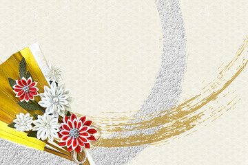 結婚式やお祝い用の華やかな扇子と和紙の背景素材