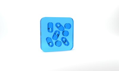 Blue Medical pill bottle biohacking icon isolated on grey background. Pharmacy biohacking. Glass square button. 3d illustration 3D render