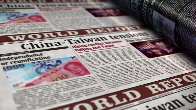 China and Taiwan tensions, conflict and crisis daily newspaper report roll printing. Abstract concept 3d rendering seamless looped animation.