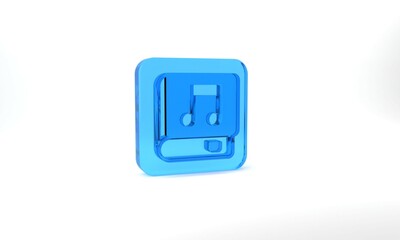 Blue Audio book icon isolated on grey background. Musical note with book. Audio guide sign. Online learning concept. Glass square button. 3d illustration 3D render