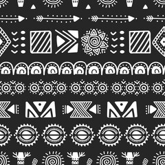 African seamless pattern. Tribal African abstract geometric shapes, arrow and sun elements. Black and white hand drawn graphic vector texture. Creative ethnic art with circles, squares on ornament