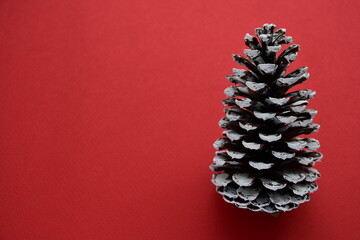 Christmas pinecone on red background.