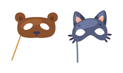 Cat and panda bear masks. Carnival party objects set cartoon vector illustration