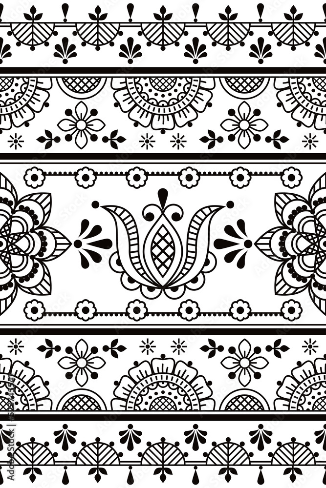 Poster scandinavian, nordic folk art style outline vector seamless tile pattern with flowers in black and w
